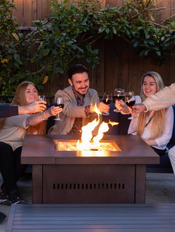 A group of men and women sitting and drinking wine at an outdoor firepit table